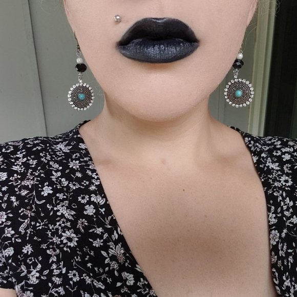 TailorAnne Jewelry - Goth black, white, and turquoise dangly earrings